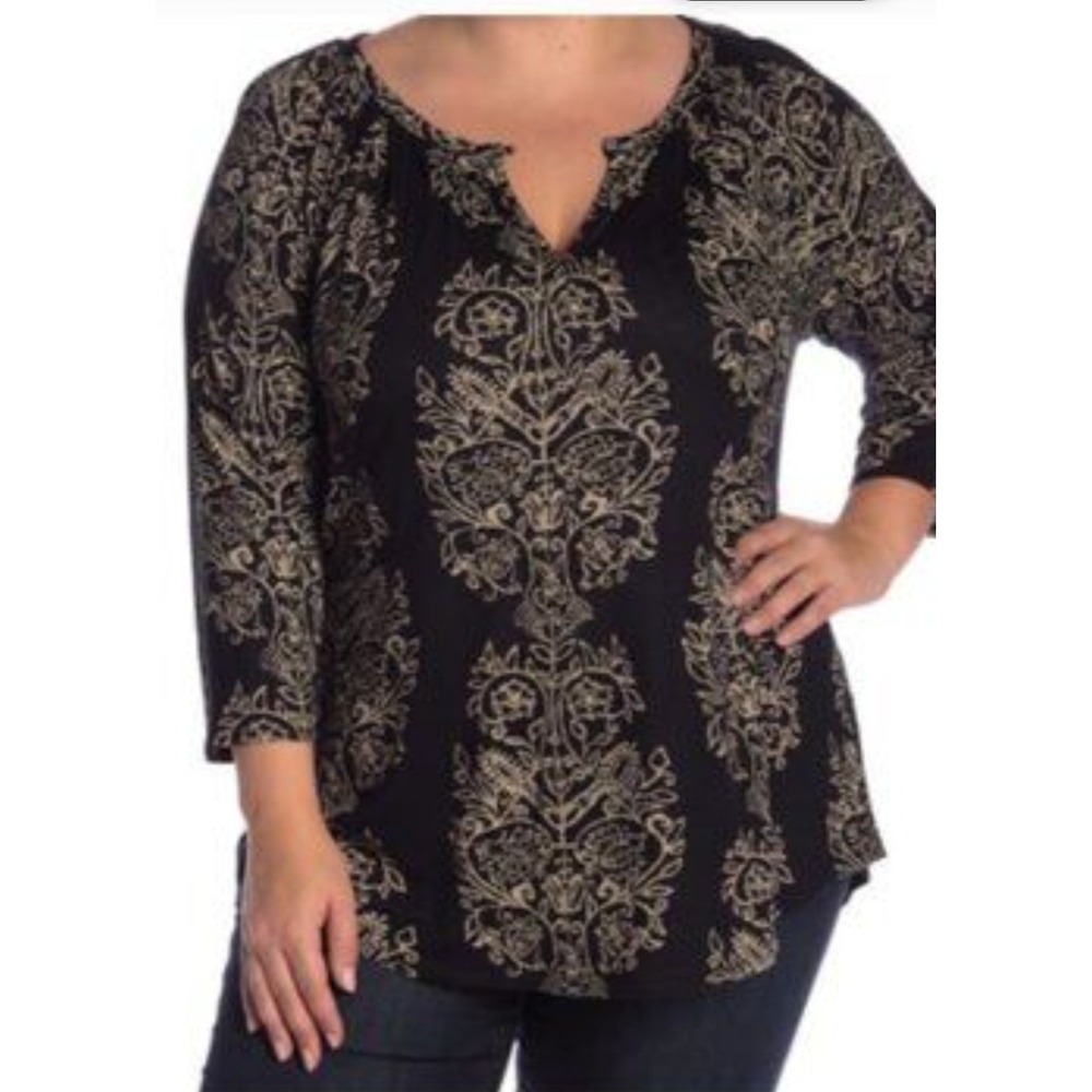 Lucky Brand Black Tan Floral Damask Split Neck 3/4‎ Sleeve Blouse L 7W62951